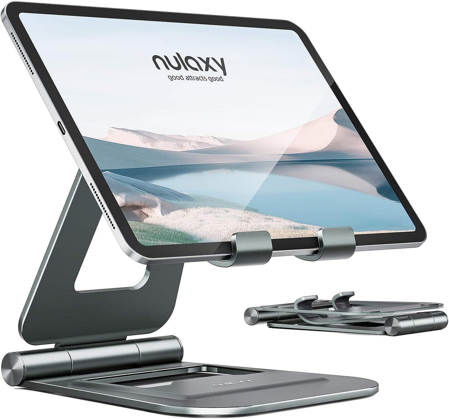 Nulaxy Aluminum Dual Foldable iPad Stand, Fully Adjustable Desktop Tablet Holder, Tablet Accessories for Office Kindle Compatible with Mobile Devices iPad Pro/Air/Mini, iPhone Pro/Max/Plus, Gray