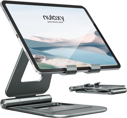 Nulaxy Aluminum Dual Foldable iPad Stand, Fully Adjustable Desktop Tablet Holder, Tablet Accessories for Office Kindle Compatible with Mobile Devices iPad Pro/Air/Mini, iPhone Pro/Max/Plus, Gray