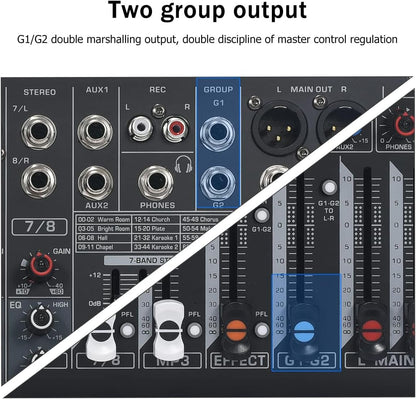 W IN-MIX DX8 Professional DJ Audio Mixer 8 Channel with 99 DSP Effects,7-band EQ,Independent 48V Phantom Power&Mute Button,Bluetooth Function,USB Interface Recording For Studio