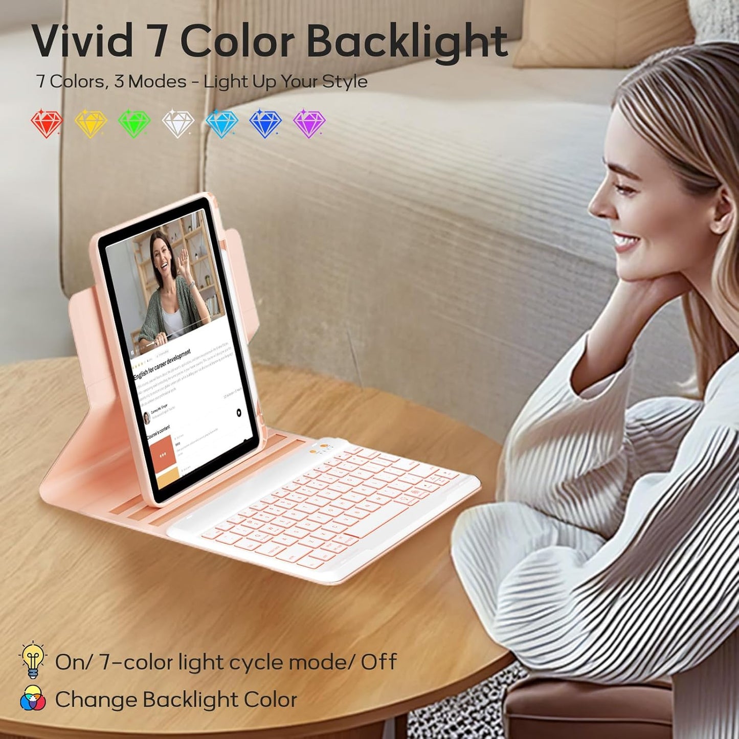 Keyboard Case for iPad 9th/8th/7th Generation-10.2 inch 2021/2020/2019, iPad Pro 10.5-inch, iPad Air 3 Gen Case with Backlit Keyboard, 360° Rotatable Detachable Folio with Pencil Holder (Pink)