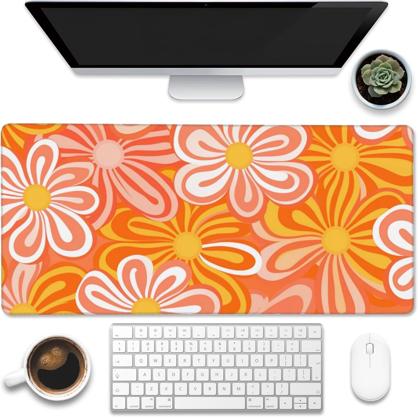 Desk Pad,Hippie Vintage Orange Flowers Desk Mat,Retro Floral Large Gaming Mouse Pad for Desk,Extended Big Computer Keyboard Mouse Pad with Non-Slip Base and Stitched Edge,35.4"x15.7"