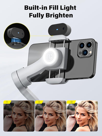 Gimbal Stabilizer for Smartphone AI Tracking(No App), 3-axis Gimbal with OLED Display/Built-in Light, Stabilizer for iPhone&Android, AOCHUAN X Pro Grey AI Version