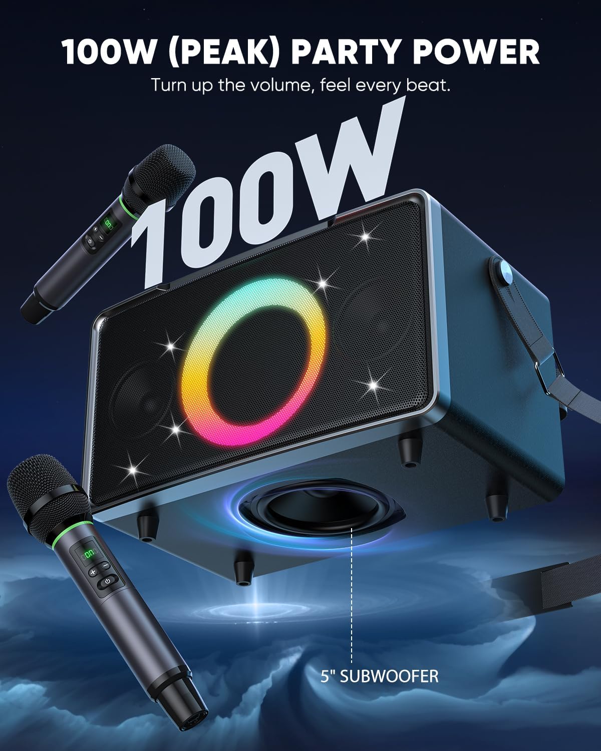 GFEEN Portable Bluetooth Speaker: 100W(160W Peak), 15H Playtime, Wireless Speakers with Microphone, 5″ Subwoofer, Loud Sound, Light Show, Fast Charging for Outdoor, Party, Backyard(Silver with 2Mic)