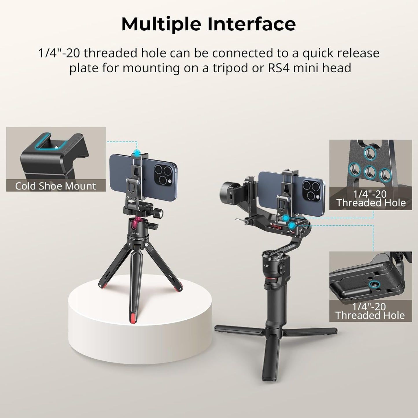 SMALLRIG Metal Phone Tripod Mount, Cell Phone Mount with Quick Release Adapter for Arca-Swiss, Multifunctional Phone Holder for Arca-Type Tripod, for DJI RS 3 Mini Stabilizer, for iPhone 17 16-4611