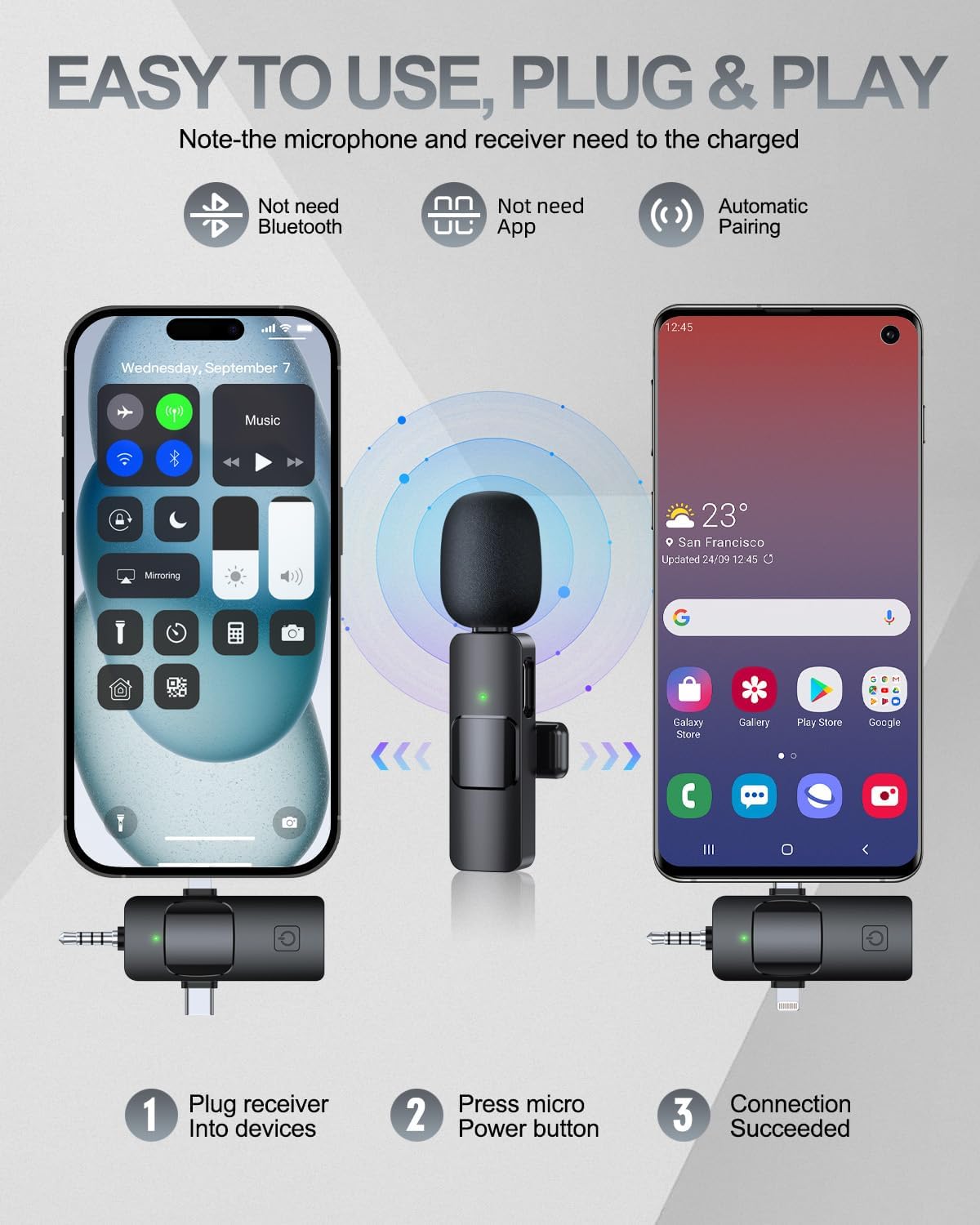 PQRQP 3 in 1 Professional Wireless Lavalier Microphone for iPhone, Android, Camera, Wireless Microphones, Mini Microphone, Crystal Clear Sound Quality for Recording, Live Streaming, YouTube, TikTok