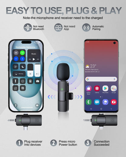 PQRQP 3 in 1 Professional Wireless Lavalier Microphone for iPhone, Android, Camera, Wireless Microphones, Mini Microphone, Crystal Clear Sound Quality for Recording, Live Streaming, YouTube, TikTok