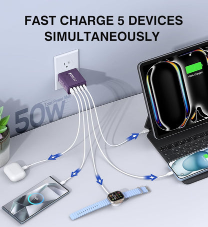 [2Pack] 50W USB C Plug,5-Port Fast Charger Block PD+QC Cube Wall Charging Box Brick for iPhone 16/15/14/13 for Samsung Galaxy S24/S23/S22/S21+/S21 Ultra, Magsafe Wireless Charger,(Purple)