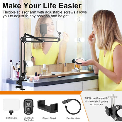 Overhead Phone Mount with 60 LED Portable Selfie Light and Phone Holder for Desk, Camera Mount Arm Stand with Remote, Overhead Stand for Video Recording, Live Streaming, TikTok, YouTube and Cooking