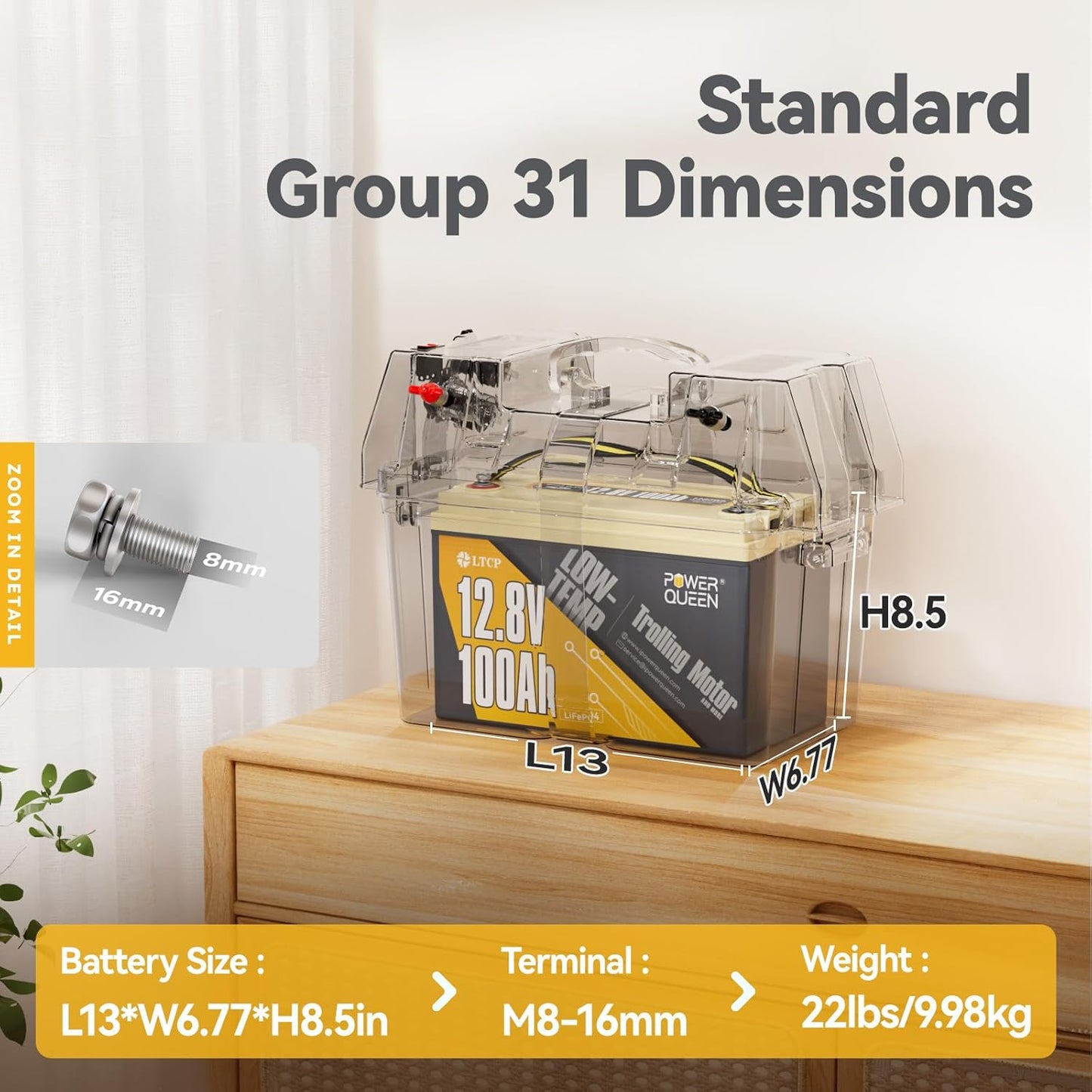 Power Queen 12.8V 100Ah LiFePO4, Upgraded Low Temperature Cut-off Function, Built-in 100A BMS, Grade A Battery Cell, Up to 15000+ Cycles, Perfect for Trolling Motor, Marine, RV and Off Grid