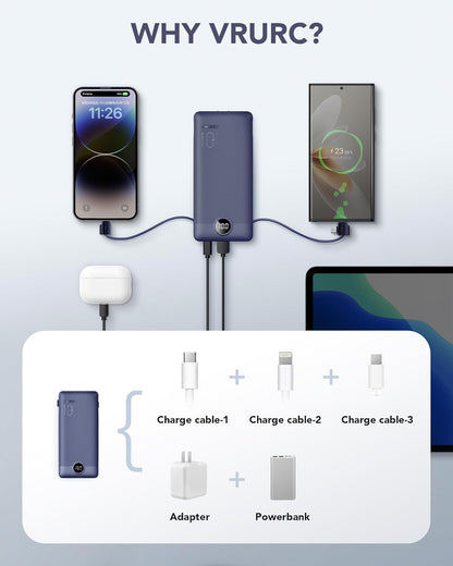 VRURC Portable Charger Built-in Cables and AC Wall Plug, USB C Power Bank 10000mAh, Travel Battery Portable Phone Charger Compact Lightweight External Battery Pack for Smart Phones, Tablets etc-Navy