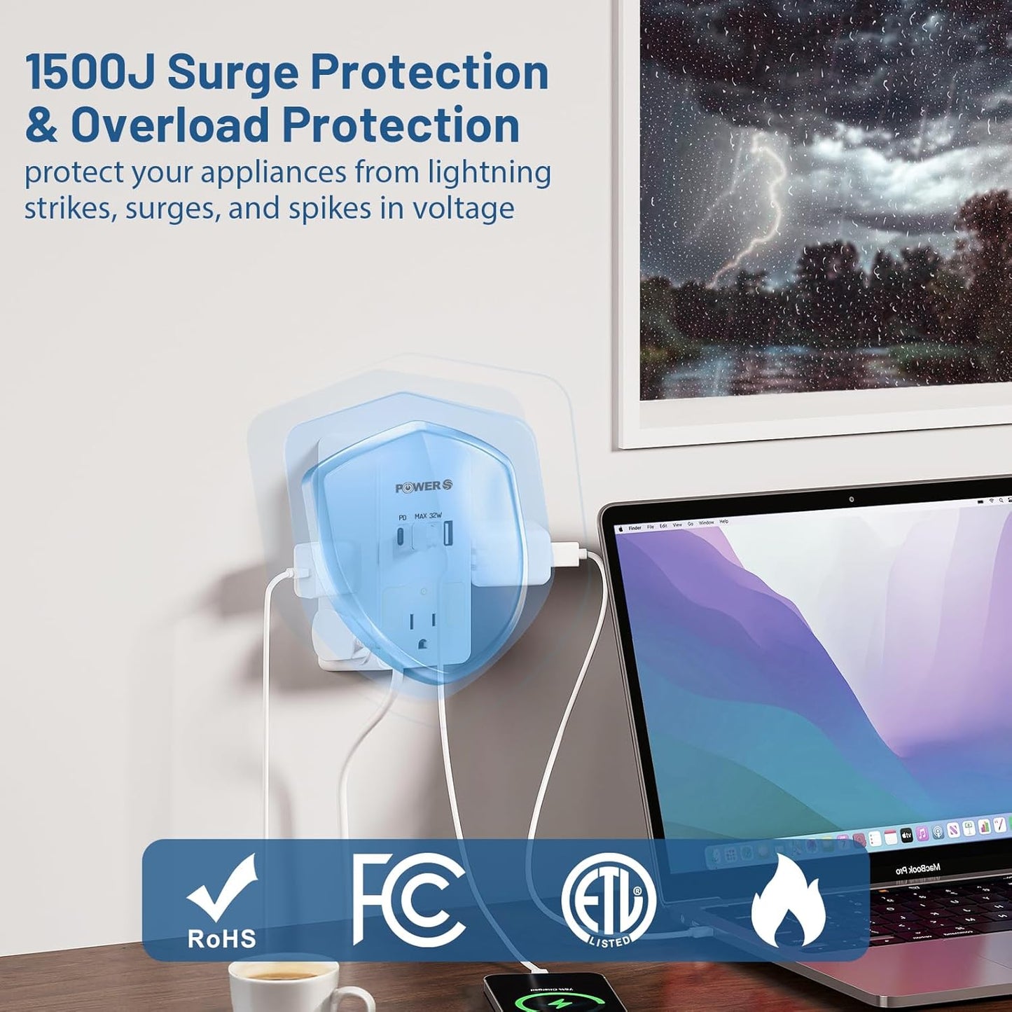 20W PD Fast Charging Wall Outlet with USB Ports (2C2A), Electrical Outlet Extender, Surge Protector, Wall Plug Adapter for Multiple Devices, Wall Socket Expander