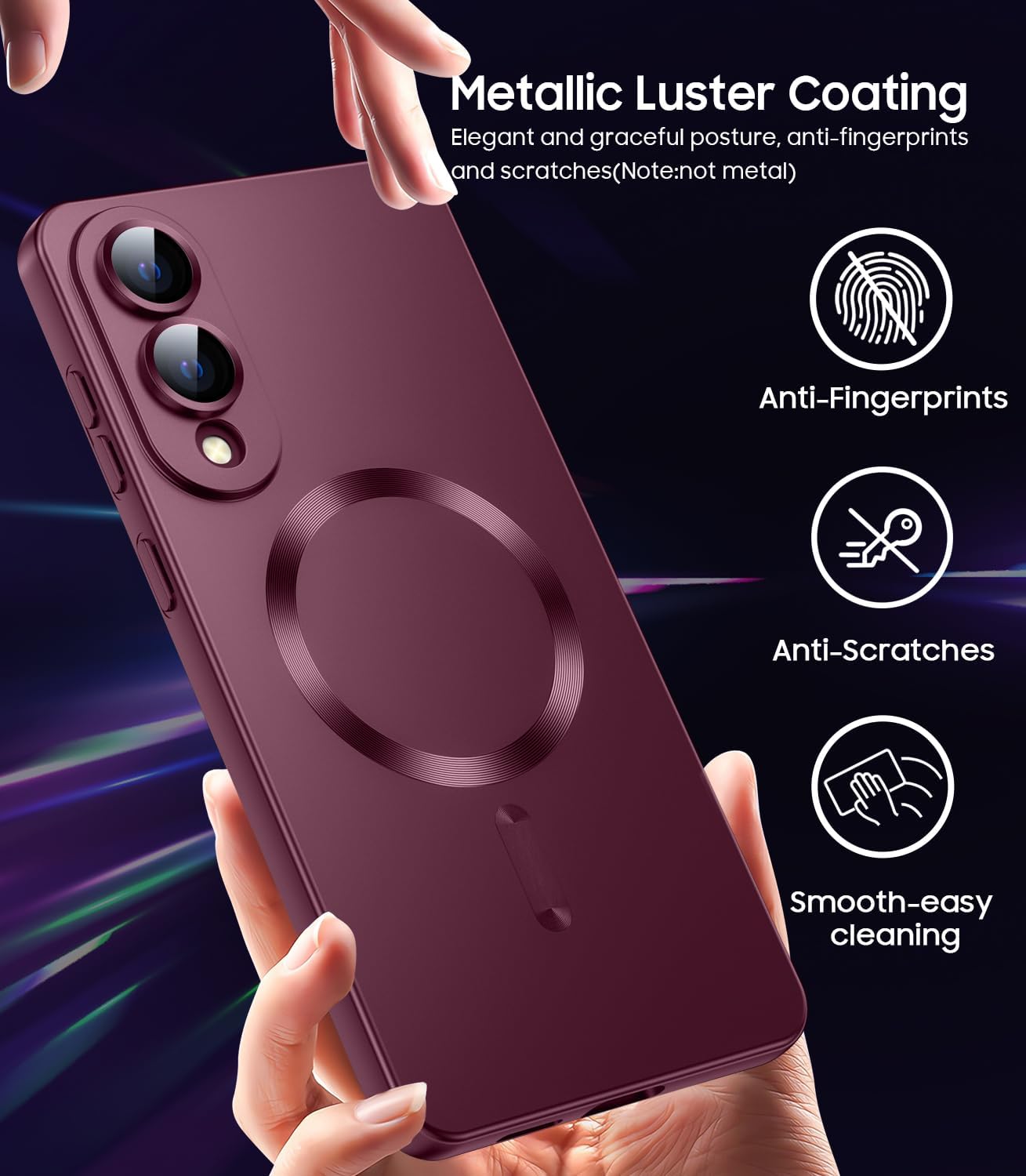 Magnetic for Samsung Galaxy S25 Edge Case [Compatible with MagSafe][Built-in Camera Lens Protector] Slim Soft Silicone Bumper Shockproof Metallic Luster Phone Case (Burgundy)