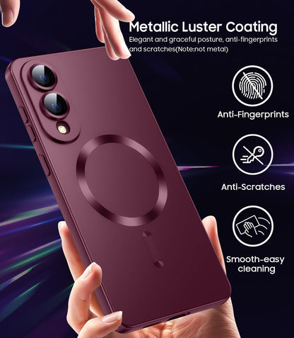 Magnetic for Samsung Galaxy S25 Edge Case [Compatible with MagSafe][Built-in Camera Lens Protector] Slim Soft Silicone Bumper Shockproof Metallic Luster Phone Case (Burgundy)