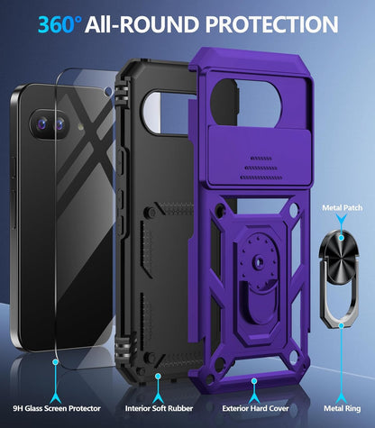 Taisairu for Google Pixel 9A Case with Screen Protector & Slide Camera Lens Cover, Built-in 360°Rotate Magnetic Ring Stand Shockproof Protective Phone Case for Google Pixel 9A Case (Purple)