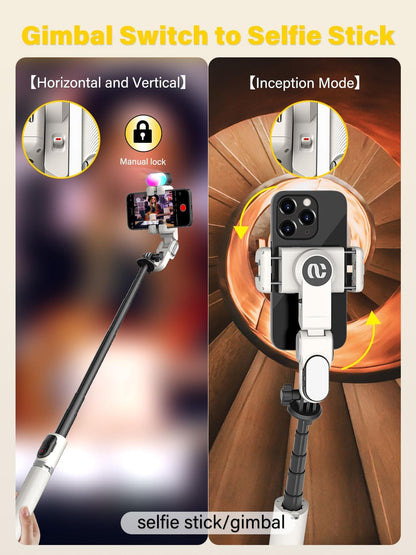 Smartphone Gimbal Stabilizer, Smart Face Tracking Tripod Without APP - 4 in 1 Cellphone Gimbal Stabilizer for iPhone&Android Extended 108cm Rod with RGB Fill Light,M2PRO White