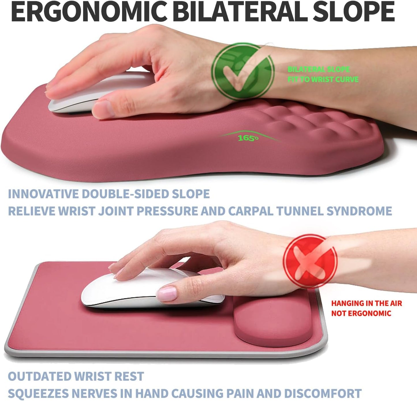 Ergonomic Raised Mouse Pad Wrist Support with Bilateral Slope Memory Foam Mousepad for Wrist Rest and Carpal Tunnel Pain Relief 11.8x7.9〃 Melon Pink