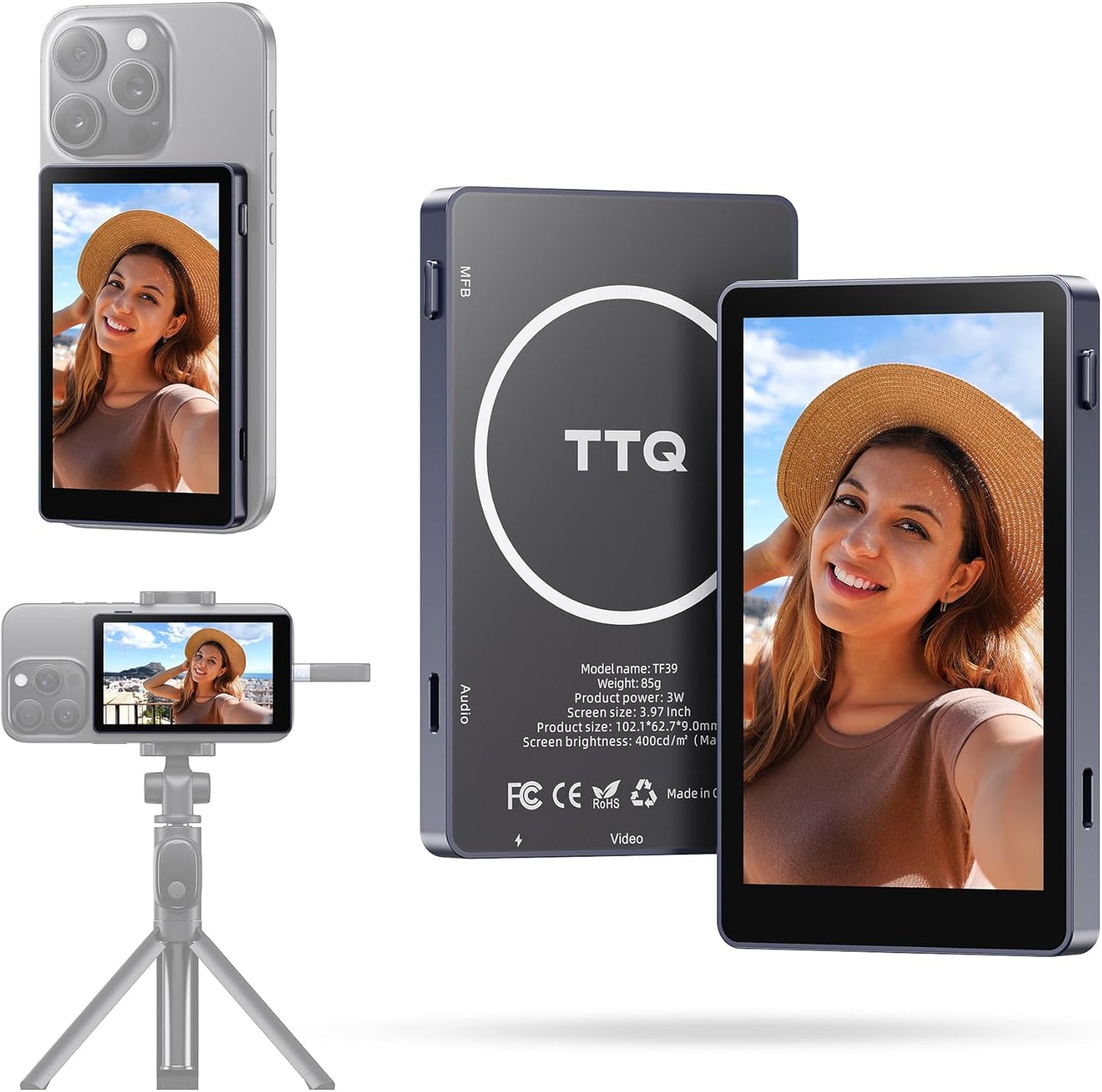 Vlog Selfie Monitor Screen, Magnetic Phone Vlog Selfie Monitor Screen 4K 60fps Bluetooth Remote, Back Camera Monitor for Vlog Live Stream TikTok, Compatible with iPhone & Android