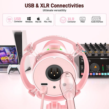 MAONO XLR/USB Dynamic Microphone Kit, RGB Gaming Mic with Software, Mute, Gain Knob, Volume Control, Boom Arm for Streaming, Podcasting, Voice-Over, Recording-PD200XS Pink