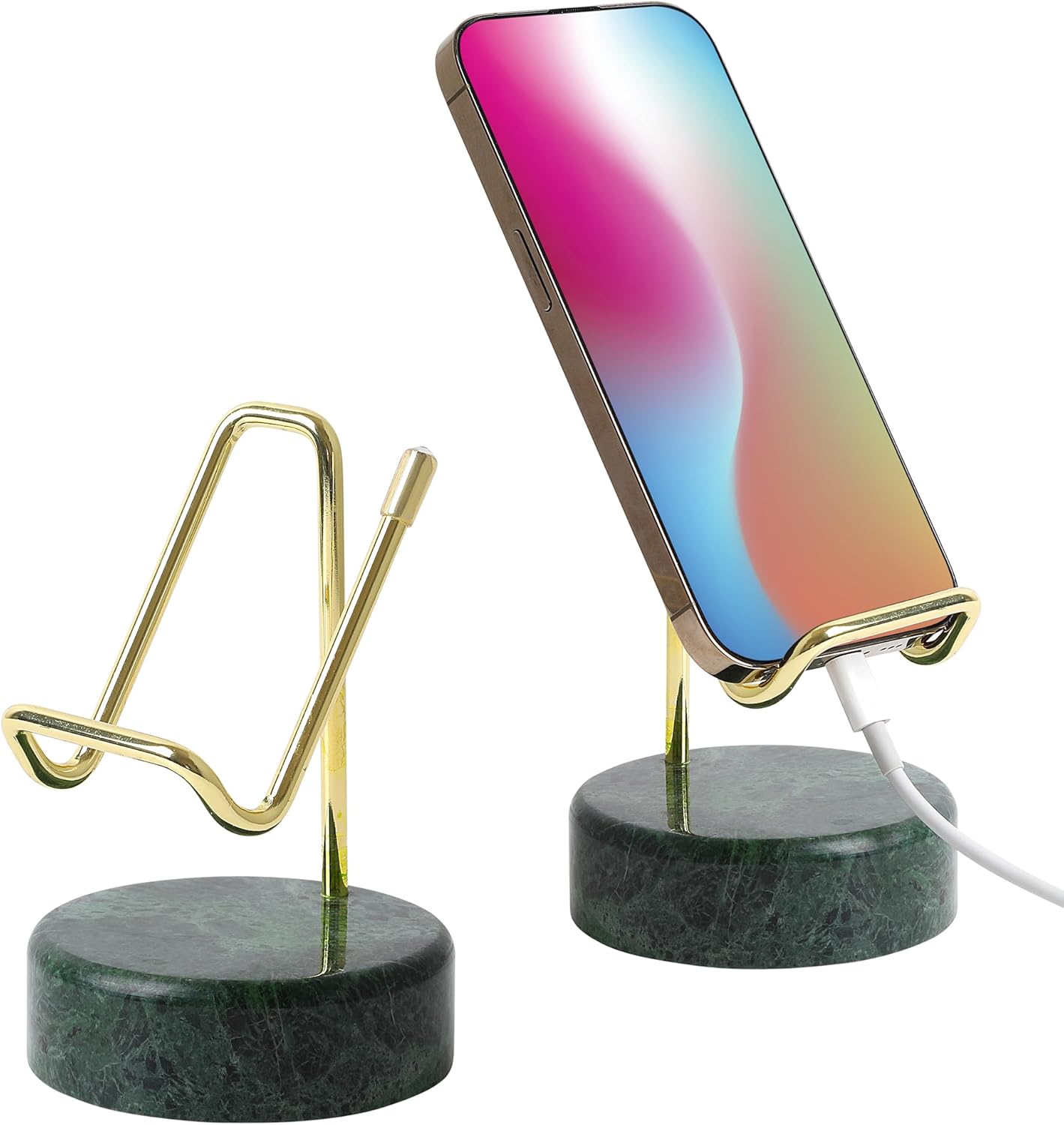 Marble Phone Stand with Metal Holder, Charging Available While Using, Swipe Up to Unlock, Made of Natural Marble as Business Card Holder for Office Desk (Emerald Green + Gold)