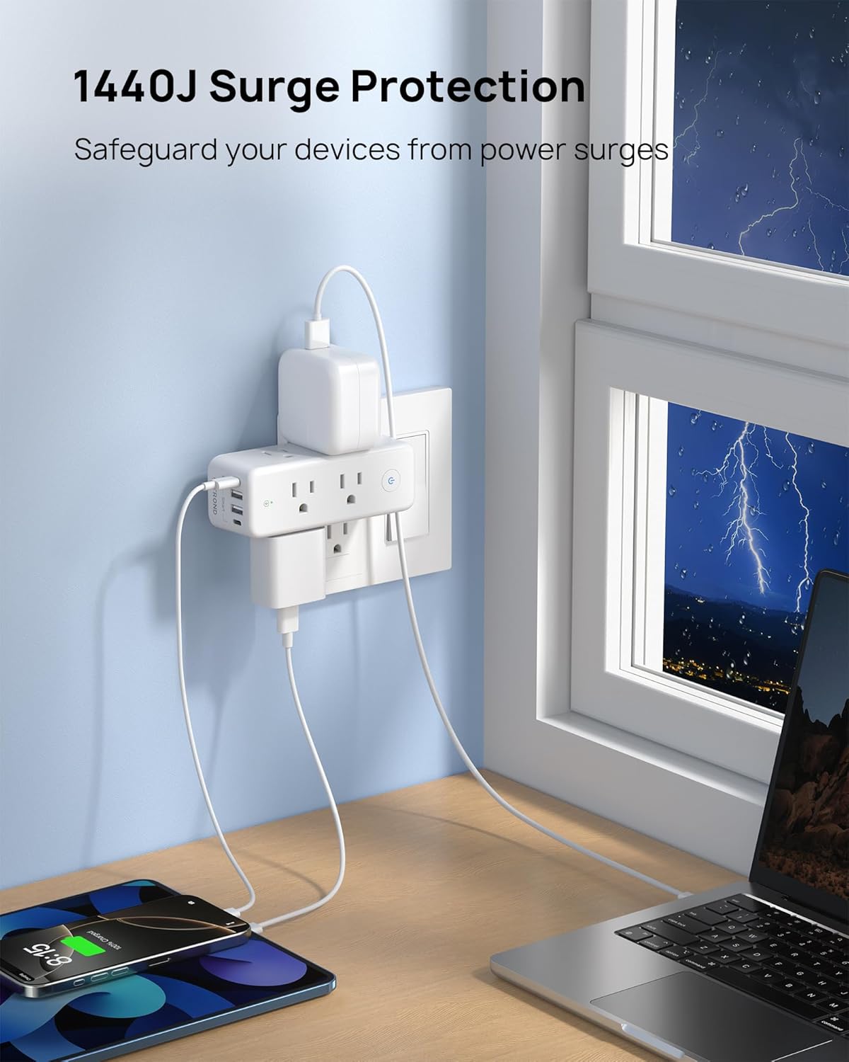 TROND Outlet Extender Surge Protector, 6 AC Outlet Splitter with Rotating Plug 360, Multi Plug Adapter with PD 20W USB C, 1440J, 2 USB-A & 2 USB-C, 3 Way Wall Extension Outlet for Home Office Travel