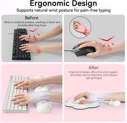 Cloud Wrist Rest for Computer Keyboard, 4-in-1 Memory Foam Leather Cloud Keyboard Wrist Rest and Mouse Pad Set with Ergonomic Support for Arm and Palm Cushion, Gaming/Work Setup, White