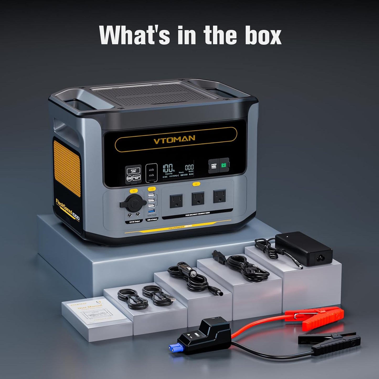 VTOMAN FlashSpeed 1500 Portable Power Station with Jumper Cables, 1548Wh LiFePO4 Solar Generator & Car Jump Starter, Recharge 0-100% in 1H, 1500W AC Output/Input, for Outdoor, Home, Roadside Rescue