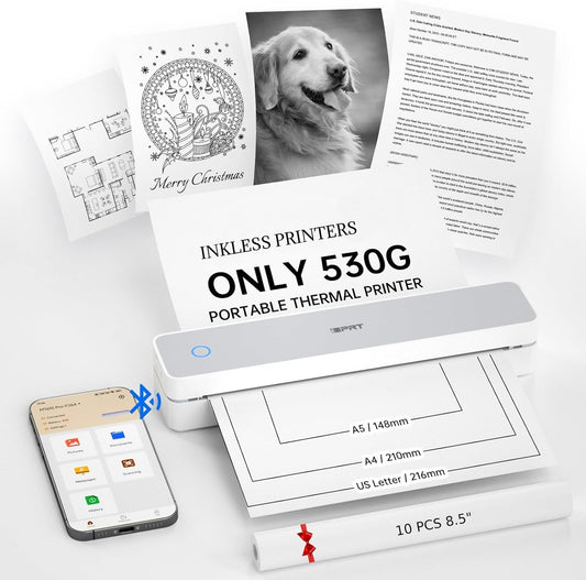 iDPRT Portable Thermal Printer,203DPI Wireless Bluetooth Small Printers for Travel,Office,Vehicles,Support 8.5" x 11" US Letter&A4 A5 Size, Compatible with Smartphone & Laptop