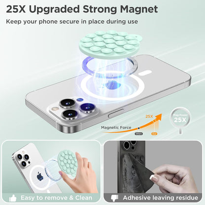 Magnetic Suction Cup Phone Mount for MagSafe Case, Silicone Hands-Free Phone Grip Holder for iPhone and Android, Mirror Shower Phone Stand for Makeup FaceTime Gym Kitchen Bathroom, Mint Green