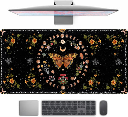 Moth Desk Pad Mushroom Phase Moon Phase Desk Mat, Boho Flowers and Leaves Computer Big Mouse Pad Washable Cloth Non-Slip Rubber Base Keyboard Pad Mouse Mat for Office with Stitched Eges 31.5x15.7 in
