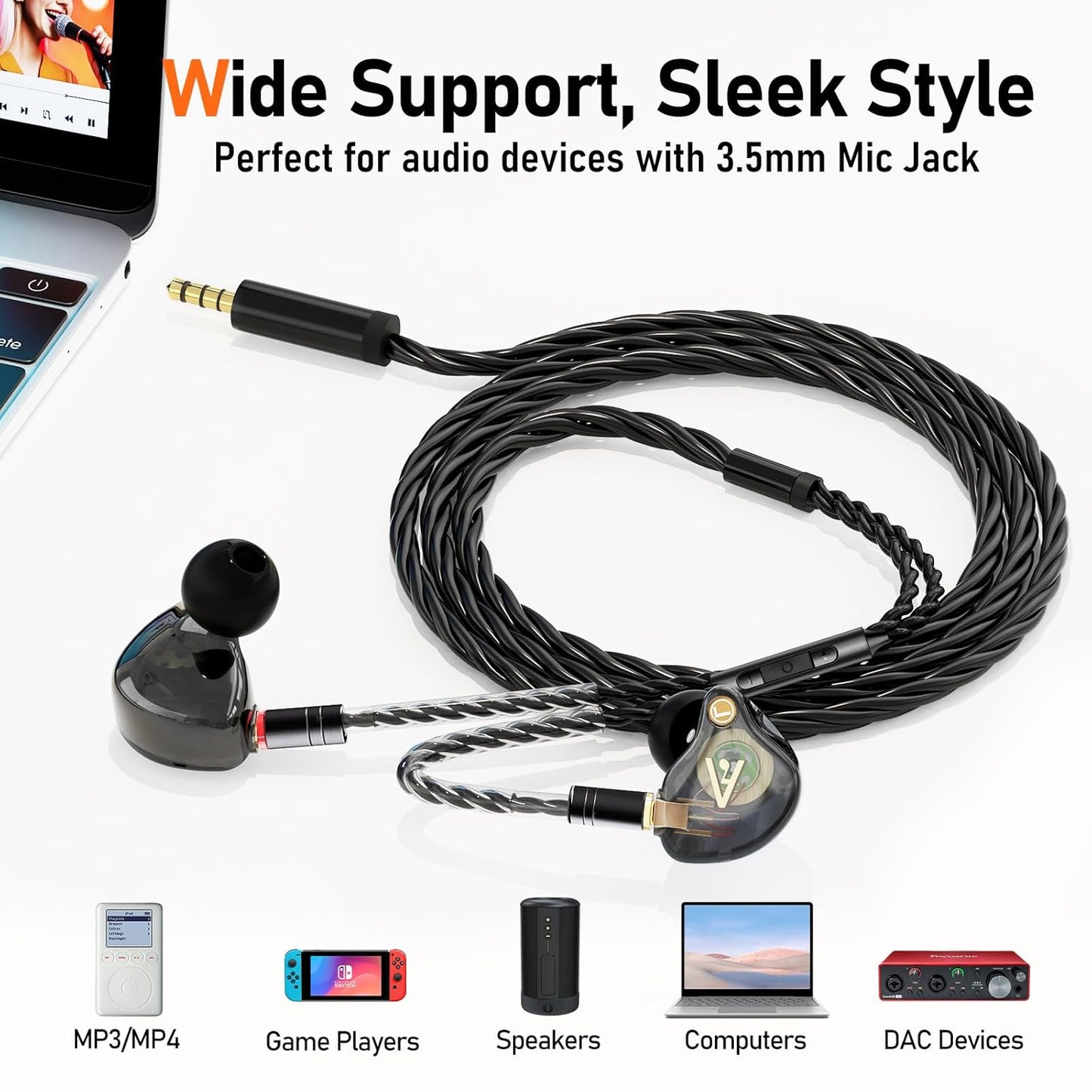 Premium HiFi IEM Cable with Mic – Silver-Plated 3.5mm to MMCX Cord - Lossless Sound for Shure SE215/315/425/535/846 & Vibes 201/202 - Tangle-Free in-Ear Monitor Cables - Black (HC001M)