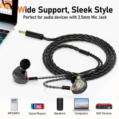 Premium HiFi IEM Cable with Mic – Silver-Plated 3.5mm to MMCX Cord - Lossless Sound for Shure SE215/315/425/535/846 & Vibes 201/202 - Tangle-Free in-Ear Monitor Cables - Black (HC001M)