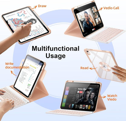 for iPad 11th 10th Generation Case with Keyboard, Magnetic 720° Rotatable Cover Detachable Wireless Bluetooth Backlit Keyboard with Pencil Holder for iPad 11 inch A16 2025 & 10.9 inch 2022 -Pink