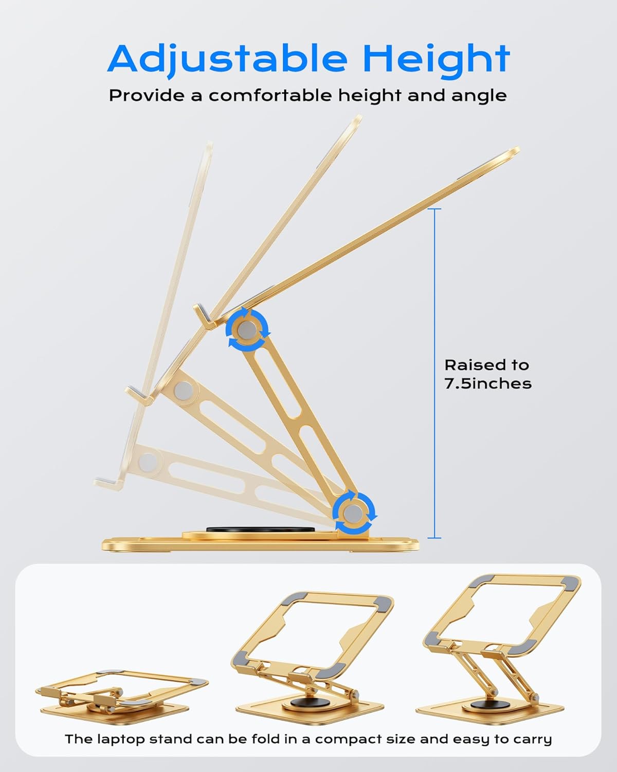 Adjustable Laptop Stand, Computer Stand with 360 Rotating Base, Ergonomic Laptop Riser Mount for Desk Foldable Protable Computer Desk Fits with MacBook Pro Air (10-16") - Gold