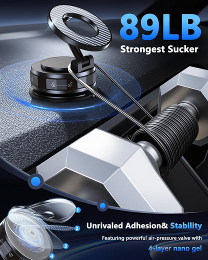 Vacuum Magnetic Car Phone Holder for Magsafe [89+LBS Suction & 3200gf Magnetic] 360° Adjustable Ultra Suction Cup Phone Holders for Your Car/Gym/Mirror, Car Mount for iPhone & Android (Black)