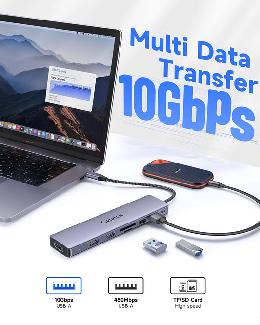 10Gbps USB C Hub, USB-C Laptop Docking Station, 8in1 Triple Display Docking Station for Dell Hp Lenovo Surface Windows (Dual HDMI+ DisplayPort + PD3.0 100W +SD TF Card Reader +10GB USB Port)