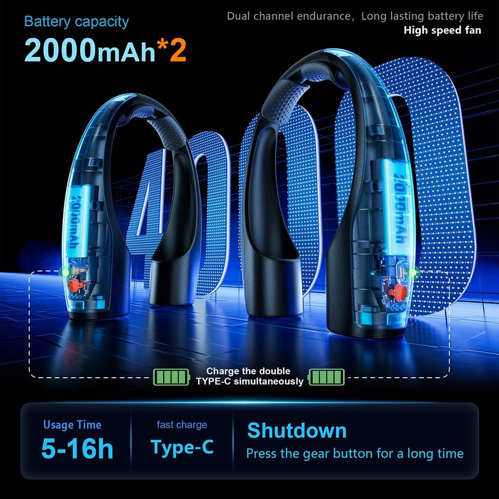 AI Neck Fan, 4 Speeds Adjustable Portable Personal Fan Rechargeable, 4000 mAh Battery Faster Cooling Wearable Fan, Ultra Quiet for Home, Office, Travel, Outdoor - Black