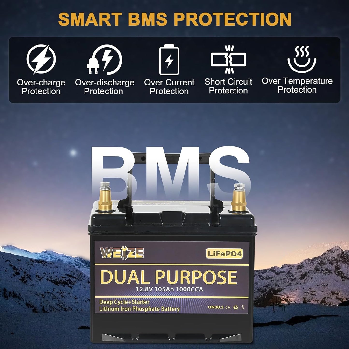 WEIZE 12V 105AH Dual Purpose LiFePO4 Lithium Battery, 1000CCA Group 31 Group 27 GC2 Starter Battery Plus Deep Cycle Performance, Built-in Smart BMS, Perfect for Automotive, Trolling Motor, Marine, RV