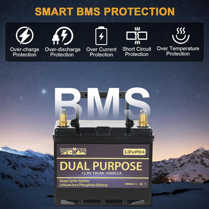 WEIZE 12V 105AH Dual Purpose LiFePO4 Lithium Battery, 1000CCA Group 31 Group 27 GC2 Starter Battery Plus Deep Cycle Performance, Built-in Smart BMS, Perfect for Automotive, Trolling Motor, Marine, RV