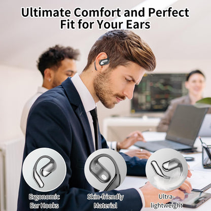 Open Ear Clip Wireless Earbuds Bone Conduction Headphones, Bluetooth 5.4, Open Ear Design, Built-in Mic, IPX7 Waterproof, LED Display Charging Case,Ear Hooks Ear Buds,Design for Running Fitness