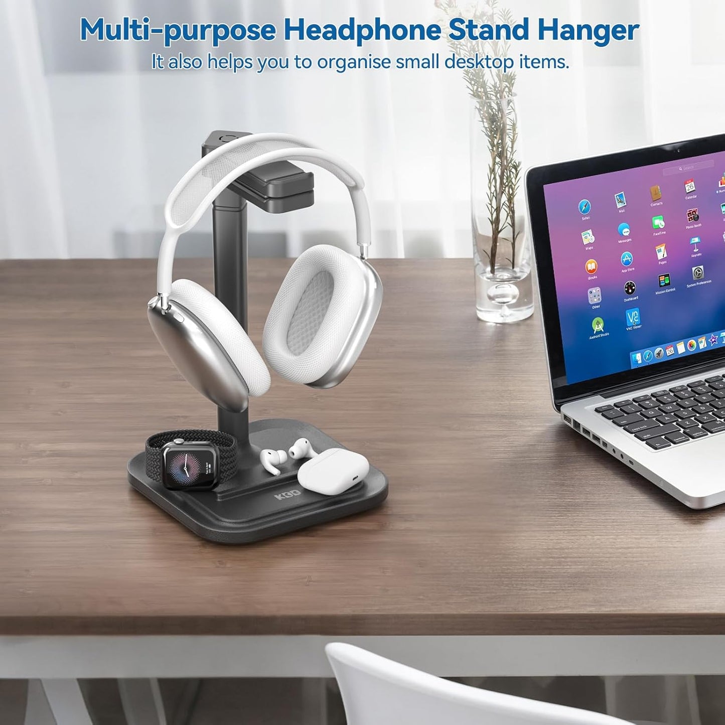 KDD Dual Headphone Stand for Desk - Rotatable Headset Hanger with Phone Holder - Removable Non-Slip Base for Gamers Desktop Accessories