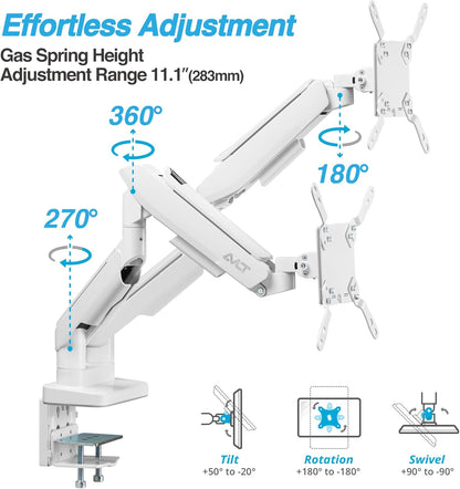 AVLT RGB Lights Dual 17”-43” Gaming Monitor Arm Desk Mount, Fits Two Flat/Curved/Ultrawide Screen up to 44lbs(20kg), Height Swivel Tilt Adjustable Stand – White