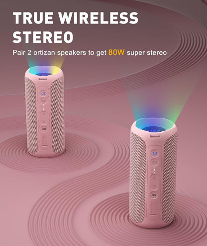 Ortizan Bluetooth Speakers, Portable Wireless Stereo Speaker - IPX7 Waterproof, 30W RMS(40W Peak) Loud Sound, Deep Bass, LED Light, Bluetooth 5.3, for Home/Shower/Outdoor/Beach, Gifts for Adult, Pink