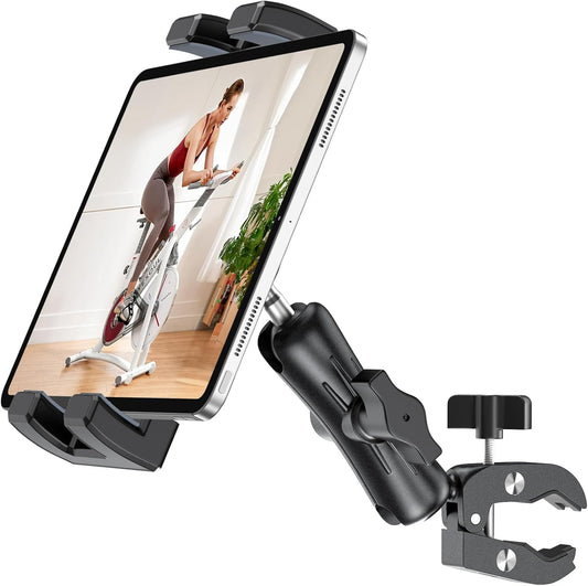 Treadmill Tablet iPad Holder, Aluminum Indoor Exercise Bike Handlebar Mount Clamp for Stationary Elliptical Bicycle Peloton Spin Bike Stroller, Compatible with 4.7"-12.9" Tablets/iPad/Phones