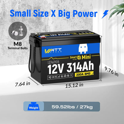 Mini LiFePO4 Lithium Battery 12V 314Ah 2 Pack Built-in 200A BMS & Bluetooth, 4.01kWh Energy, Perfect for Off-Grid, RV, Solar System, Camper, Travel Trailer