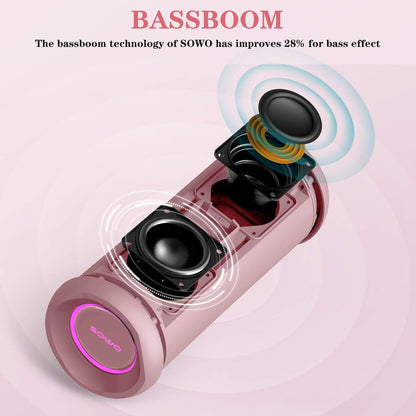 SOWO Outdoor Wireless Portable Bluetooth Speaker, IPX7 Waterproof Speaker, 25W Loud Sound, Bassboom Technology, TWS Pairing, 16H Playtime with Lights - Pink
