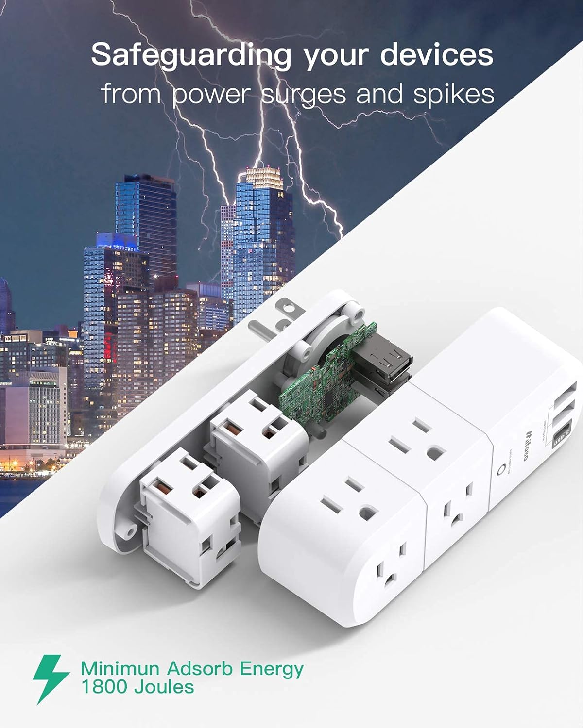 Outlet Extender with Rotating Plug, Mifaso Surge Protector 6 AC Multi Plug Wall Outlets and 3 USB Ports, 1800 Joules, 3-Sided Swivel Power Strip Spaced Splitter for Home, Travel, Dorm Room Essentials