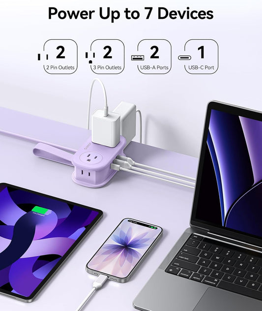 ORICO Purple Travel Power Strip PD20W with 4 AC Outlets 3 USB Ports (1 USB-C), 4FT Flat Plug Extension Cord, Compact Portable Design for Business Travel, Cruise Ship Essentials-AP3