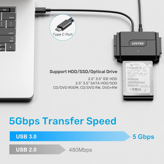 Unitek IDE/SATA to USB C 3.0 Adapter, Universal IDE Hard Drive Little Triangle pro Converter for 2.5"/3.5" Inch IDE and SATA External HDD/SSD, Support 10TB