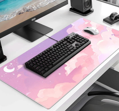 Cute Anime Cloud Desk Mat, Beautiful Pink Stitching Edge Non Slip Rubber Mouse Pad, Suitable for Female and Girl Office Decoration 35.4 x 15.7 x 0.12 Inches