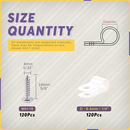 Swpeet 120 Pack White 1/4 Inch Nylon Plastic R-Type Cable Clips Clamp Kit, Nylon Screw Mounting Cord Fastener Clips with 120 Pack Screws for Wire Management (1/4 Inch, White)